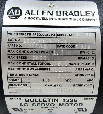 最適な性能のためにAB 1326AB-B2C-11 トークプラスシリーズACサーボモーターにアップグレード