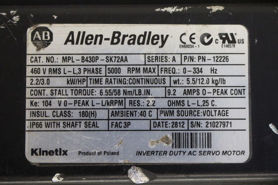 ALLEN-BRADLEY MPL-B430P-SK72AA MPLシリーズ MPL 480V AC回転サーボモーター