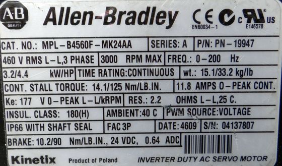 アレン・ブラッドリー MPL-B4560F-MK24AA MPLシリーズ MPL 480V AC回転サーボモーター