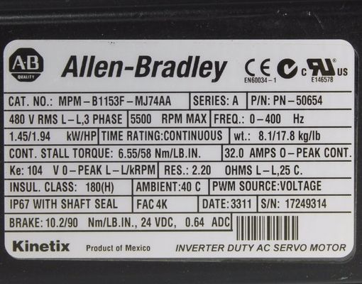 アレン・ブラッドリー A20B-0007-0361 MP-シリーズ MPM 480V AC回転サーボモーター