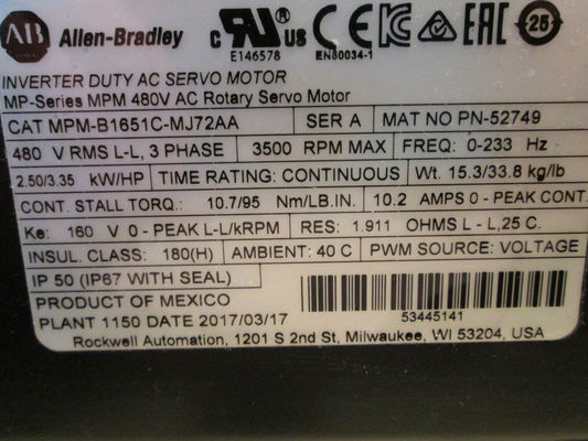 アレン・ブラッドリー MPM-B1651C-MJ72AA MPMシリーズ MPM 480V AC回転サーボモーター