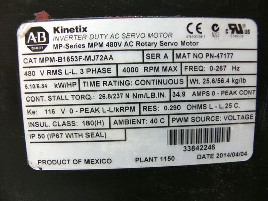 ALLEN-BRADLEY MPM-B1653F-MJ72AA MPMシリーズ MPM 480V AC回転サーボモーター
