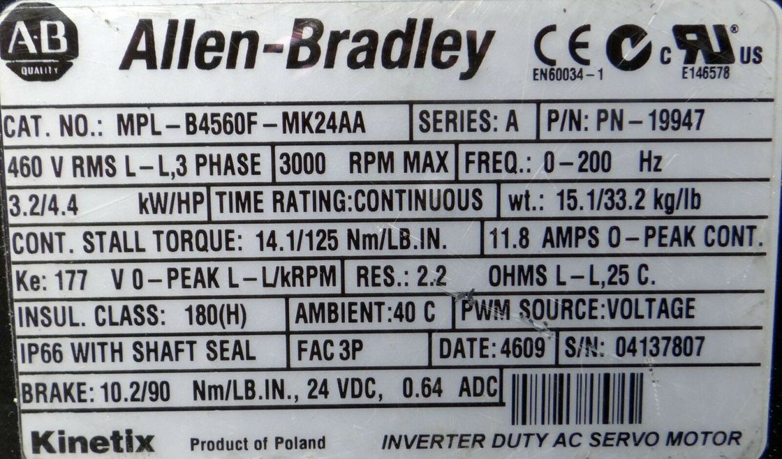 アレン・ブラッドリー MPL-B4560F-MK24AA MPLシリーズ MPL 480V AC回転サーボモーター