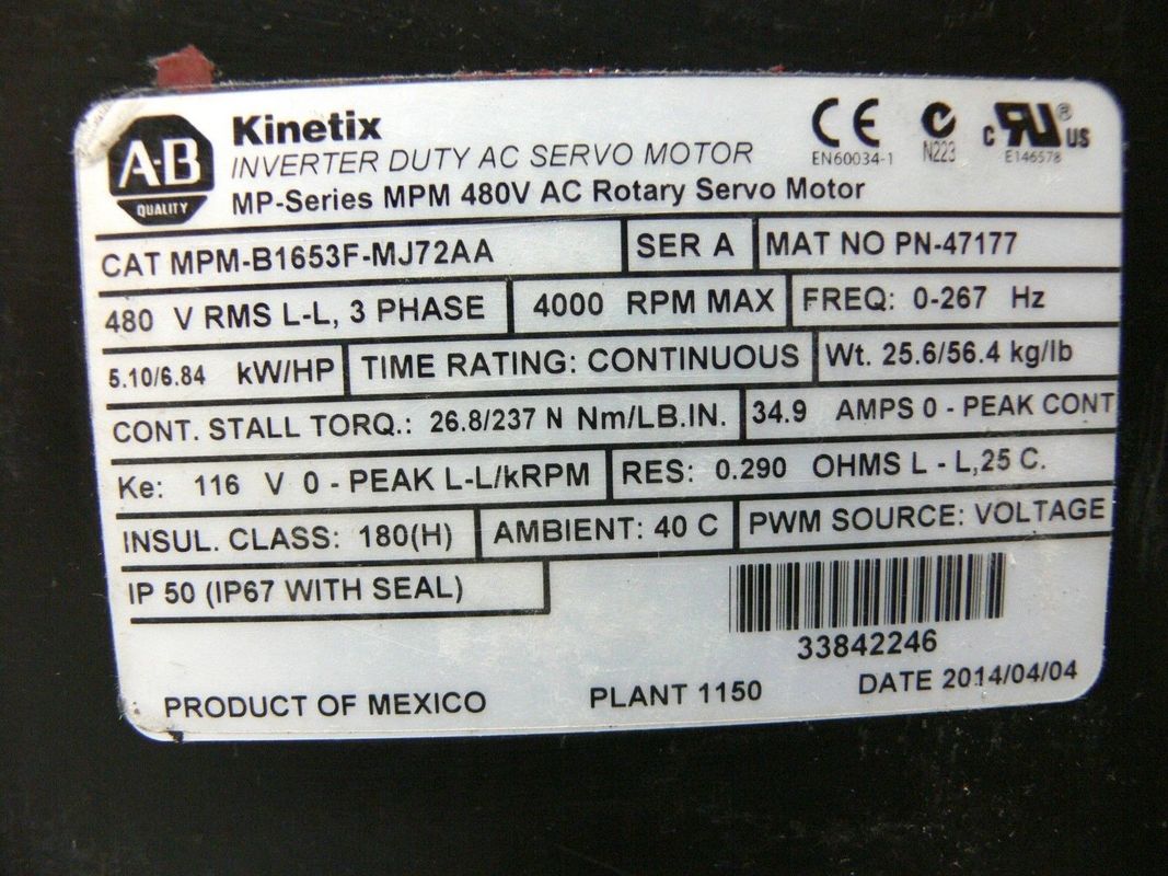 ALLEN-BRADLEY MPM-B1653F-MJ72AA MPMシリーズ MPM 480V AC回転サーボモーター